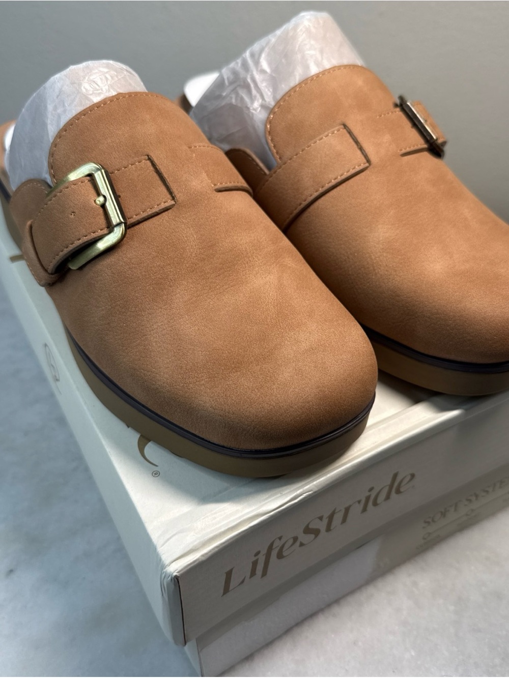 Lifestride Gillian Wedge Slip On Mule Womens Sz 6 Tan Microsuede Comfort Brown